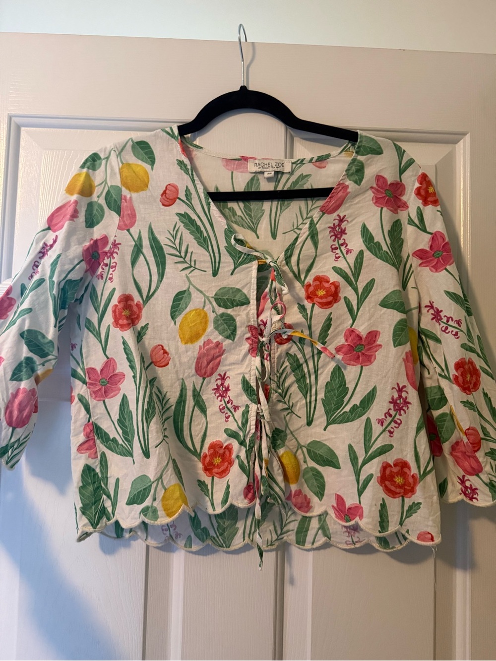 Rachel Zoe White Floral Tie-Front Top with Pink and Yellow Blooms